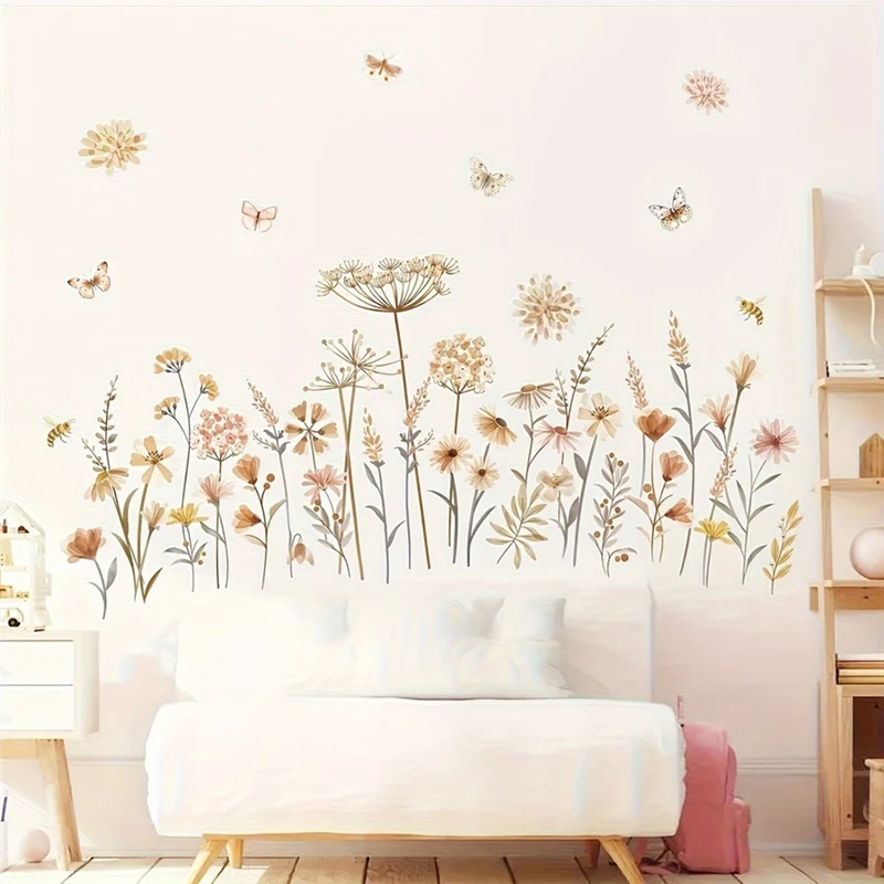 

A76X-Kids Room Wall Stickers Boho Flower Wildflower Floral Grass Decals For Baby Nursery Girls Bedroom Decoration