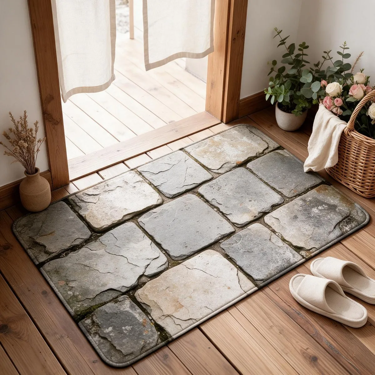 Tappetino da ingresso quadrato in flanella, spesso e con stampa, con superficie morbida e vellutata, fondo in PVC assorbente e antiscivolo, ideale per bagno e toilette.
