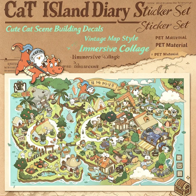 Cute Cat Scene‑Building PET Stickers, Meow‑Island Diary Series Decals for Immersive Scrapbook Journal DIY Collage Embellishment