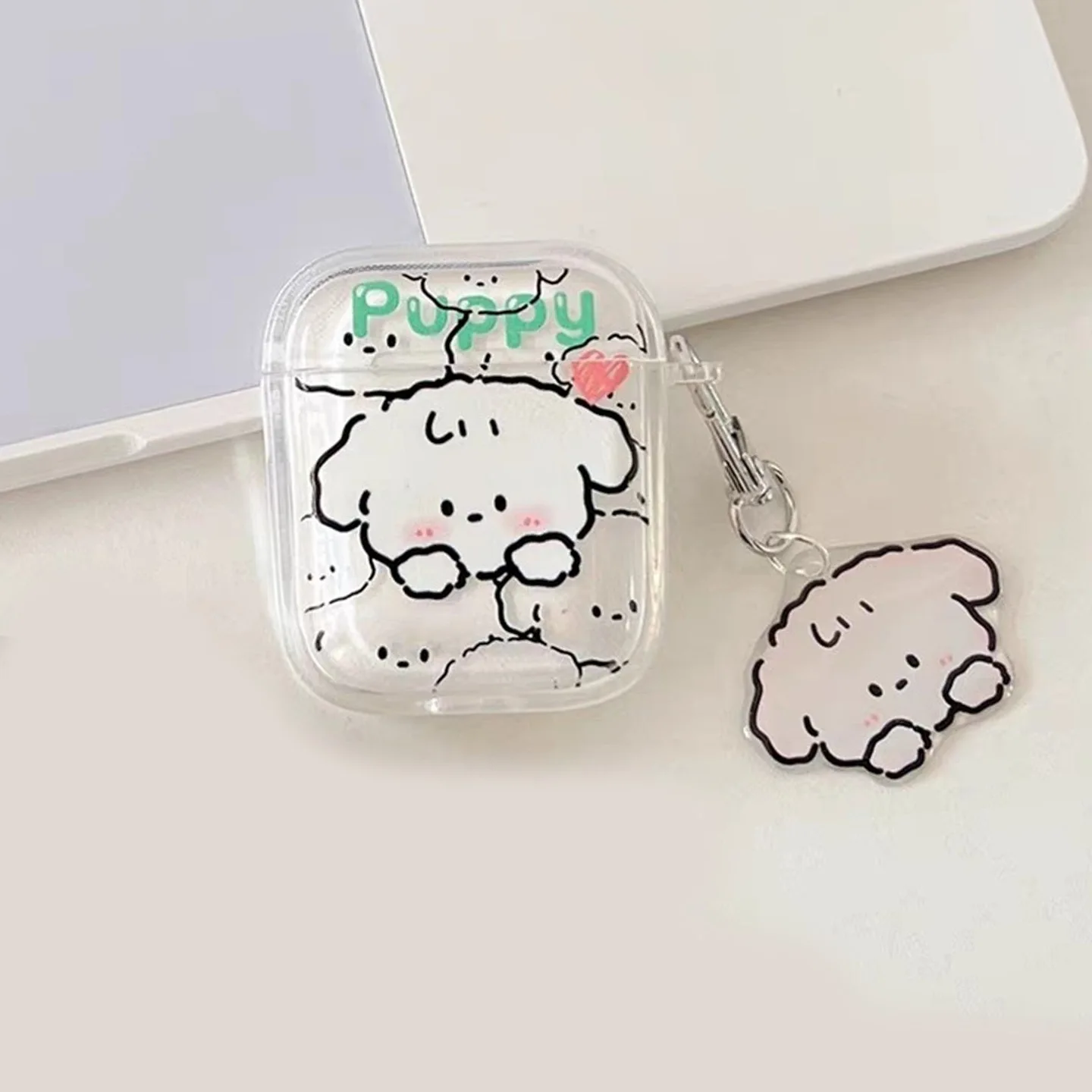 Étui de protection pour AirPods Pro 1 2, chien de dessin animé chiot, étui pour écouteurs Sweet Pearl avec porte-clés, housse transparente pour Air Pods