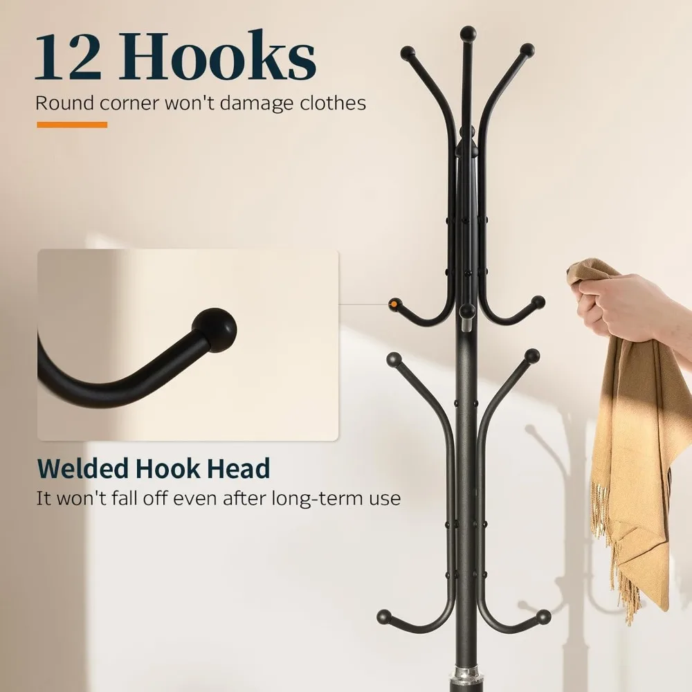 Metal Coat Rack Freestanding with Marble Base, Coat Tree with 12 Hooks & Umbrella Holder, Coat Hanger Stand