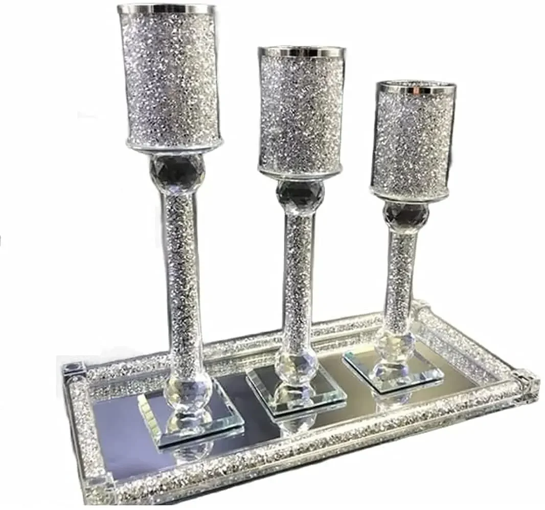 Crystal Crushed Diamond Inside Silver Bling Mirror Glass Candlestick Holders To Sparkle Your Home / Office & Luxury Decor