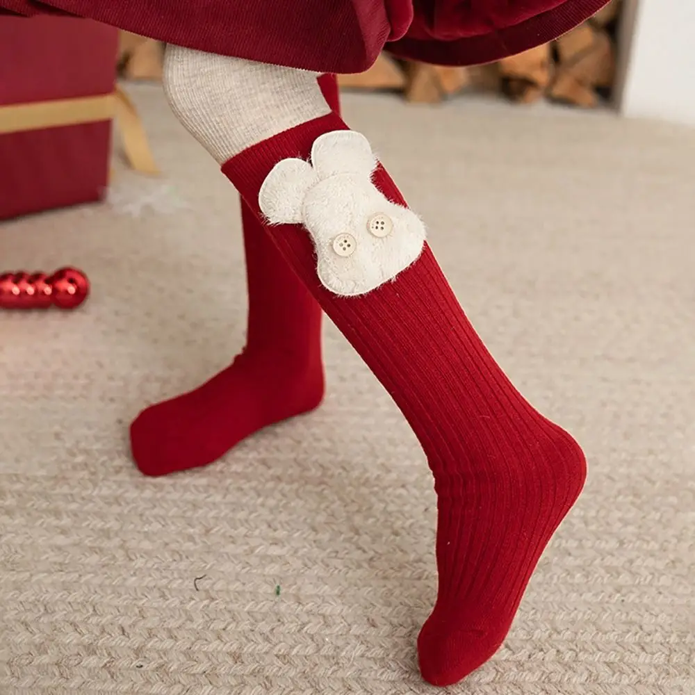 Cute Cotton Girls' Long Socks Stretch Red Children's Semi-High Socking Bow Ribbon Mid-Length Socken New Year