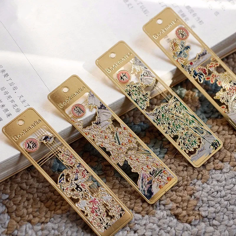 4Pcs/Set 24K Gold Plated Chinese Classical Design Merlin'Bamboo Chrysanthemum Book Marks Metal Bookmarks