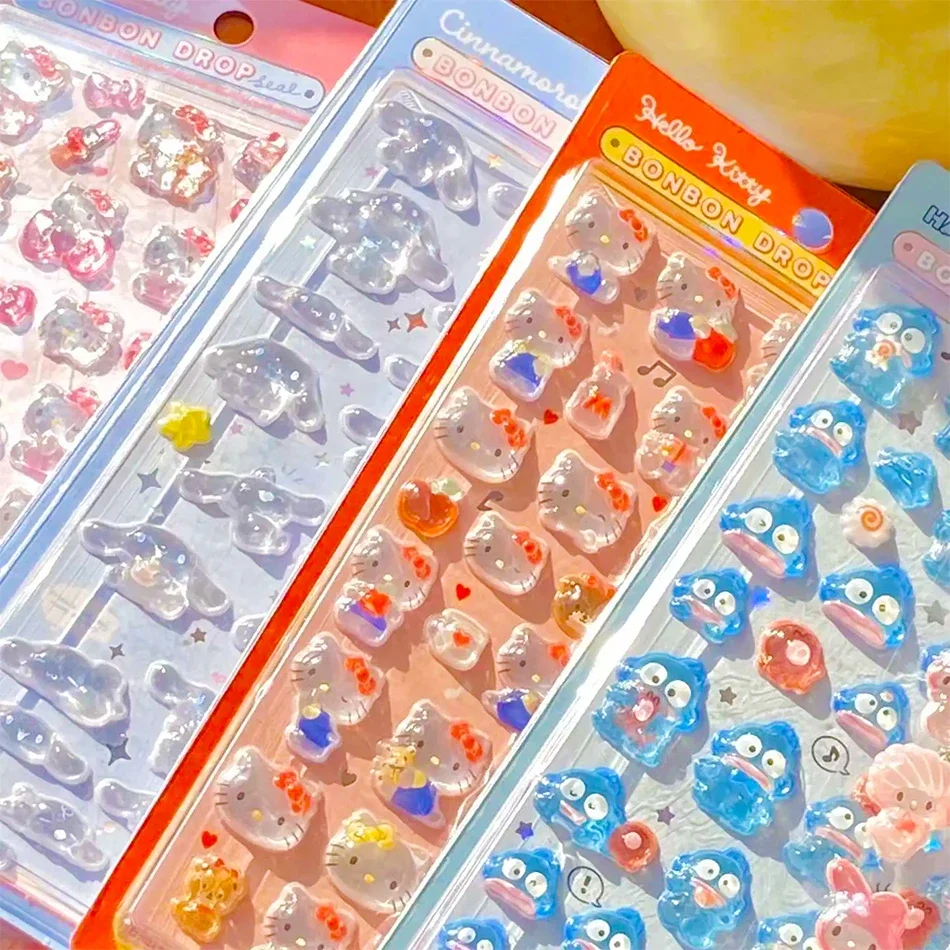 สติกเกอร์เจลลี่ใส 3 มิติ ลายอนิเมะซานริโอ้ คุโรมิ เฮลโลคิตตี้ ฮังโยดอน ซินนามอนโรล สติกเกอร์คริสตัลตกแต่ง เคสมือถือ ของเล่น DIY