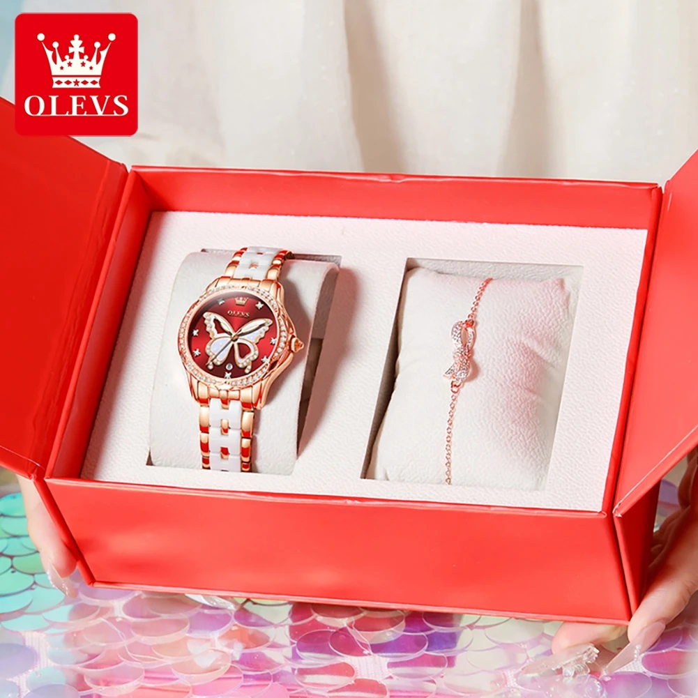 OLEVS Women Watches Fashion Dress Butterfly Dial Original Quartz Watch for Lady Waterproof Ceramic Strap Luminous Date Gift box