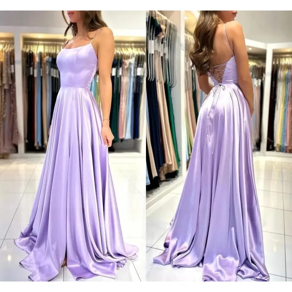 

Purple Lilac Bridesmaid Dresses Elegant A-LineProm Robe Backless Spaghetti Strap Long Evening Gowns for Wedding Guest Dress