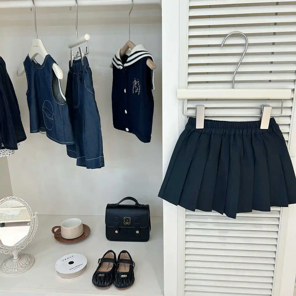 Summer Girls' Preppy Style Pleated Skirt Set Round Neck A-line Short Sleeve Shirt Black Half Skirts Two Piece Set 0-6Years Old 3