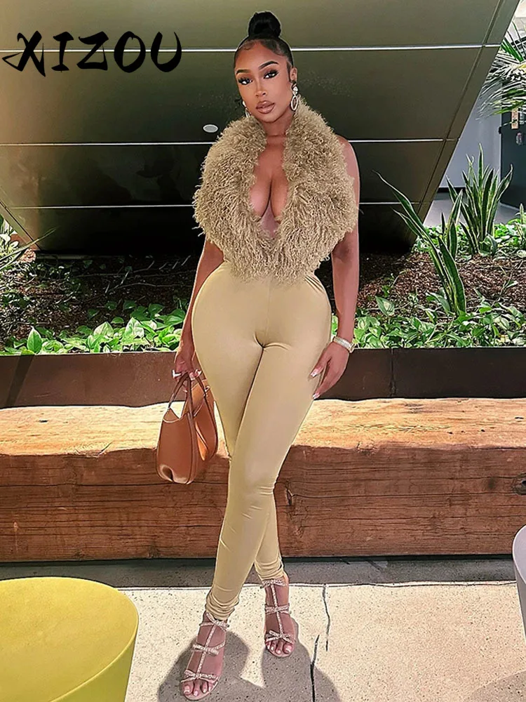 

XIZOU Sexy 2 Piece Set Women Tracksuit Hipster Halter Backless Furry Tank Tops+leggings Matching Sexy Streetwear Outfits 2026