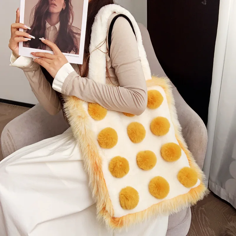 Autumn Winter Large Capacity Plush Bucket Bag Splicing Color Round Ball Girl One Shoulder Bag Heavy Industry Handheld Tote Bag