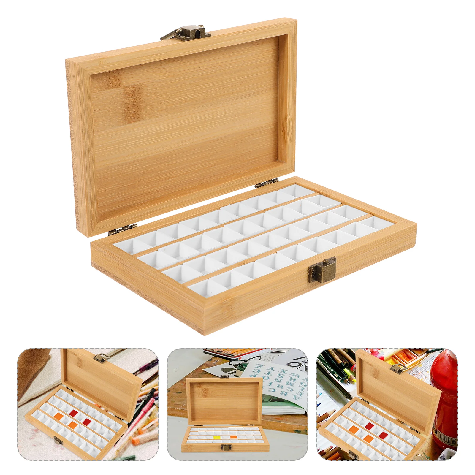 

1Set Watercolor Pigment Box Durable Wood Plastic Iron Material Lightweight Portable Paint Box for Mixing Storage Art Drawing