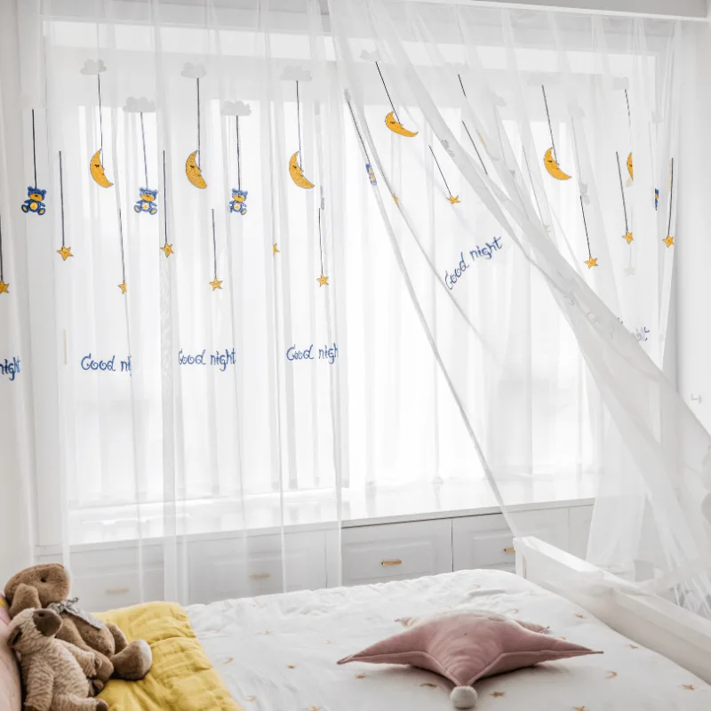 Cartoon Cute Moon Children's Room Boy Girl Bedroom Embroidery Tulle Window Curtains for Living Dining Room Bedroom Study Home