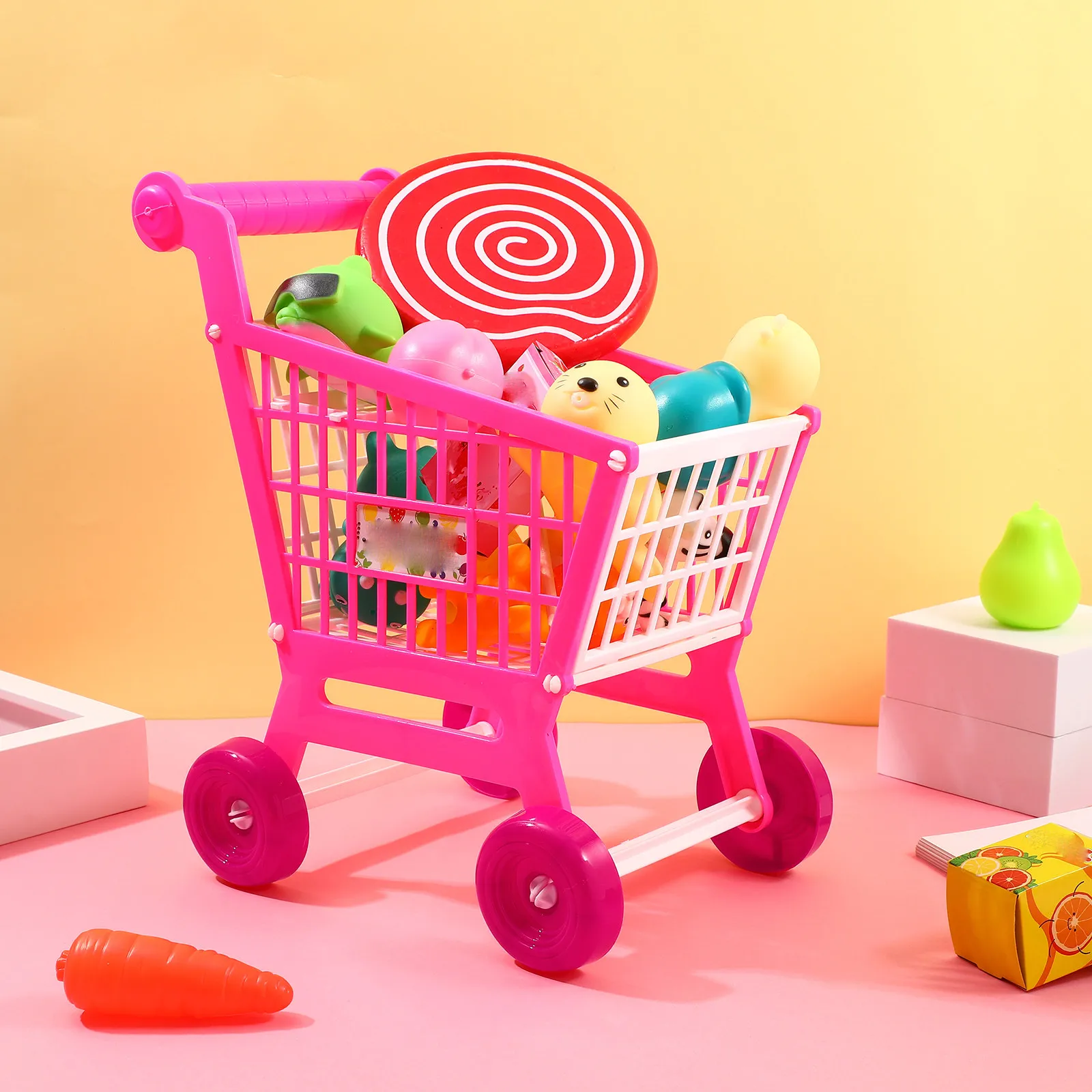 

Детская тележка для супермаркета, реалистичная, для ролевых игр, корзина для продуктов, развивает самостоятельность, веселая, розовая