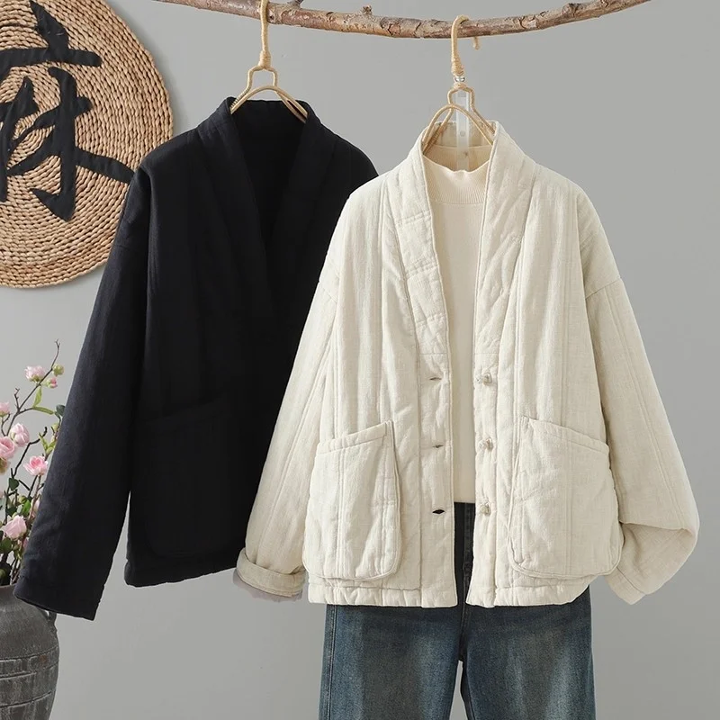 

Women's Cotton Linen Zen Style Quilted Coat – Chinese Style Thick Warm Top for Autumn Winter Spring (w1838)