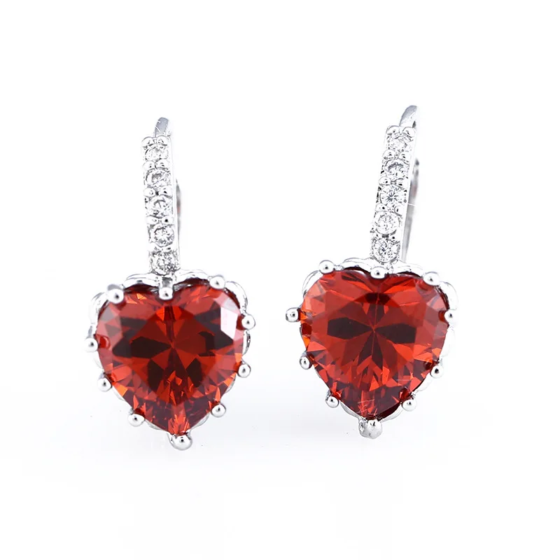 White Gold Tone Cubic Zirconia Heart Red Pierced Hoop Earrings Ruby Red Sapphire NA