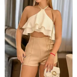 Camis Tops Sets Women 2 Piece Sets Outfits Short Pants Spaghetti Straps Tops Ruffled Halter High Waist Shorts Suit