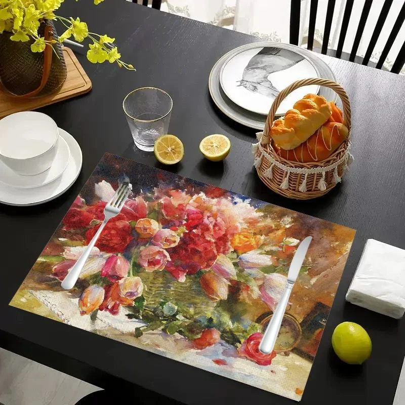 VIKAMA Placemat Green White Daisies Print, Waterproof Oil-Proof Heat-Resistant Woven Dining Table Mat for Home