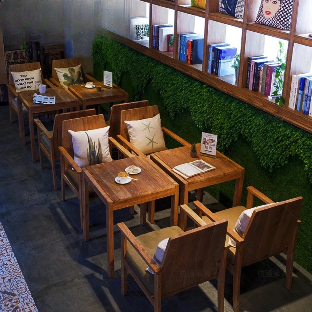 Folk tavern booth table and chair combination, old solid wood table and chair booth retro style cafe bistro table and chair