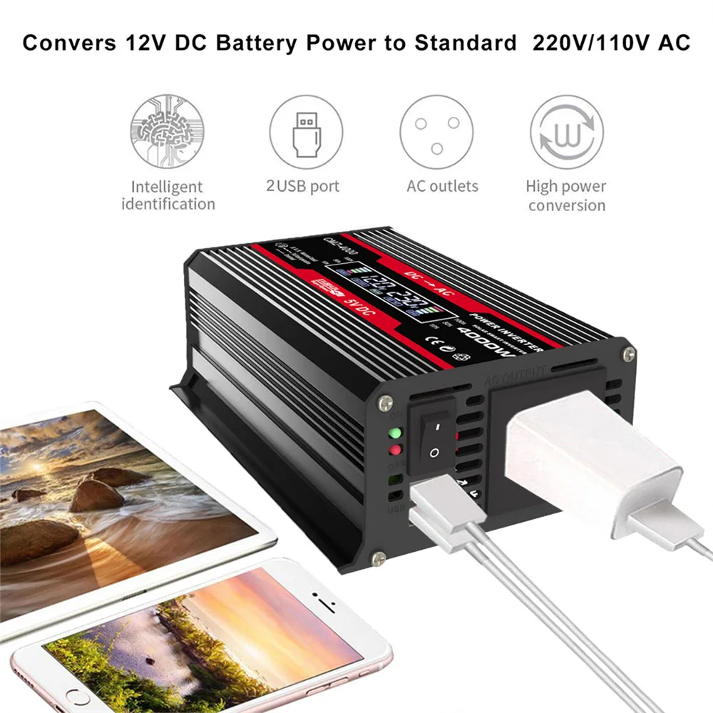 Multiple Protection DC 12V to AC 110V 220V Voltage 4000W Sine Wave Inverter 50Hz Converter Solar Car Inverters Modified