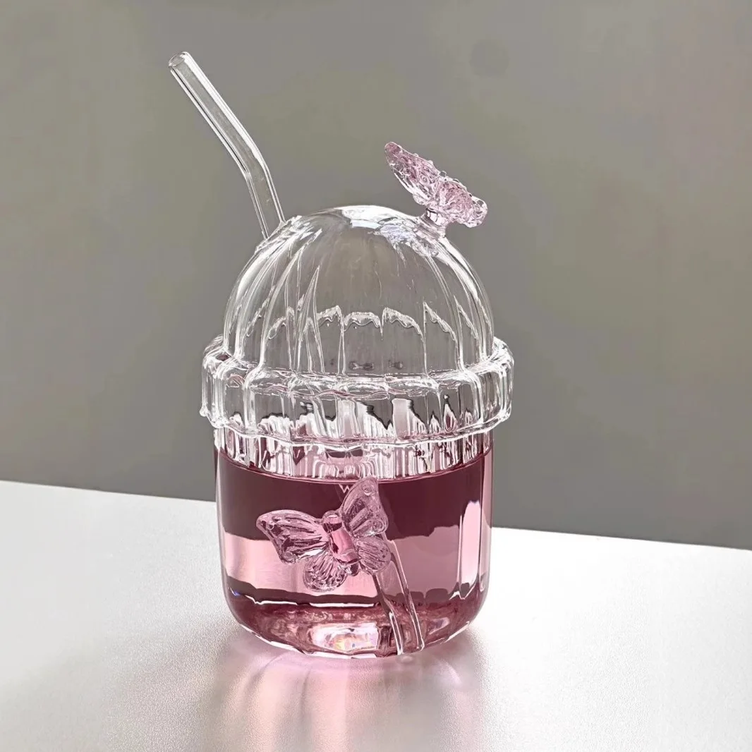 Cute Butterfly Straw Glass Cup Pink Summer Juice Milk Water Cup High Appearance Level High-temperature Resistant Milk Tea Cup