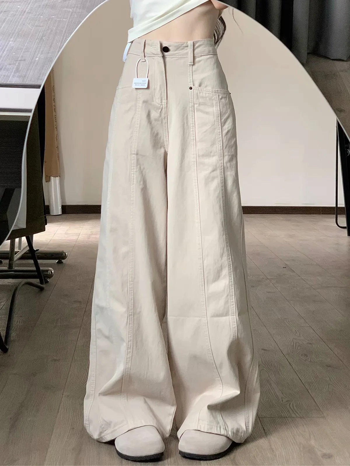 American Style Thin Blade Workwear Wide Leg Pants Women's Spring Summer Loose Slimming Draped Floor-Length Jeans Casual High ...