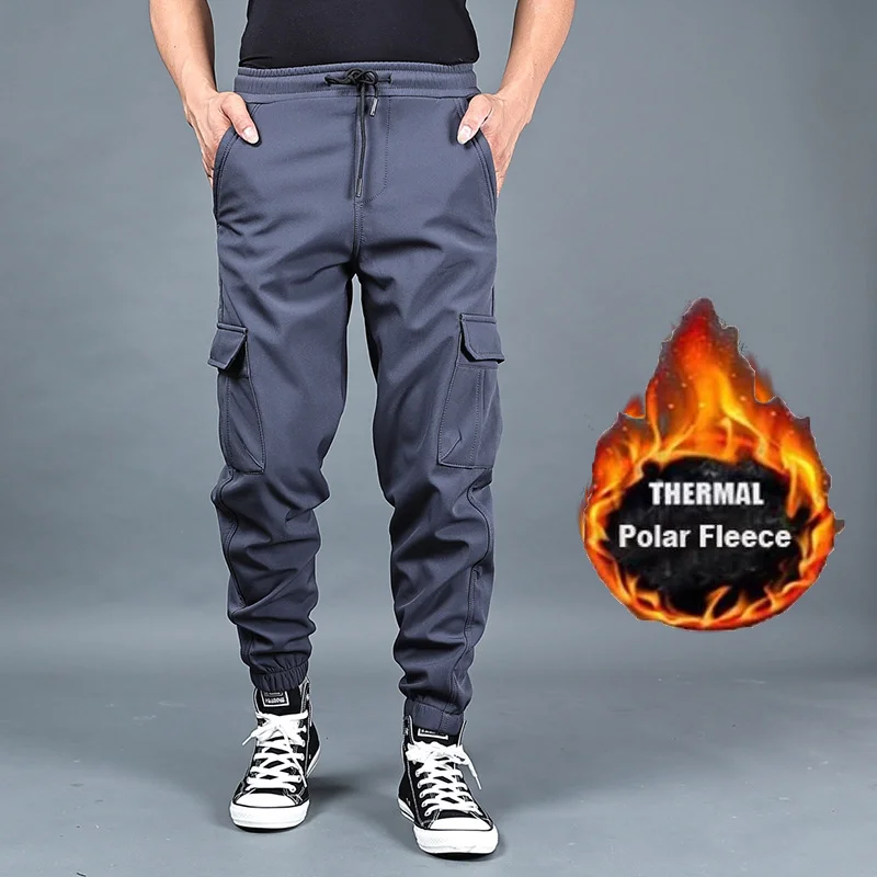 

Men Sportswear Winter Fleece Pants Outdoor Thick Warm Cargo Trousers 1/2Pcs Multi-Pocket Jogger Pants Streetwear Sweatpants