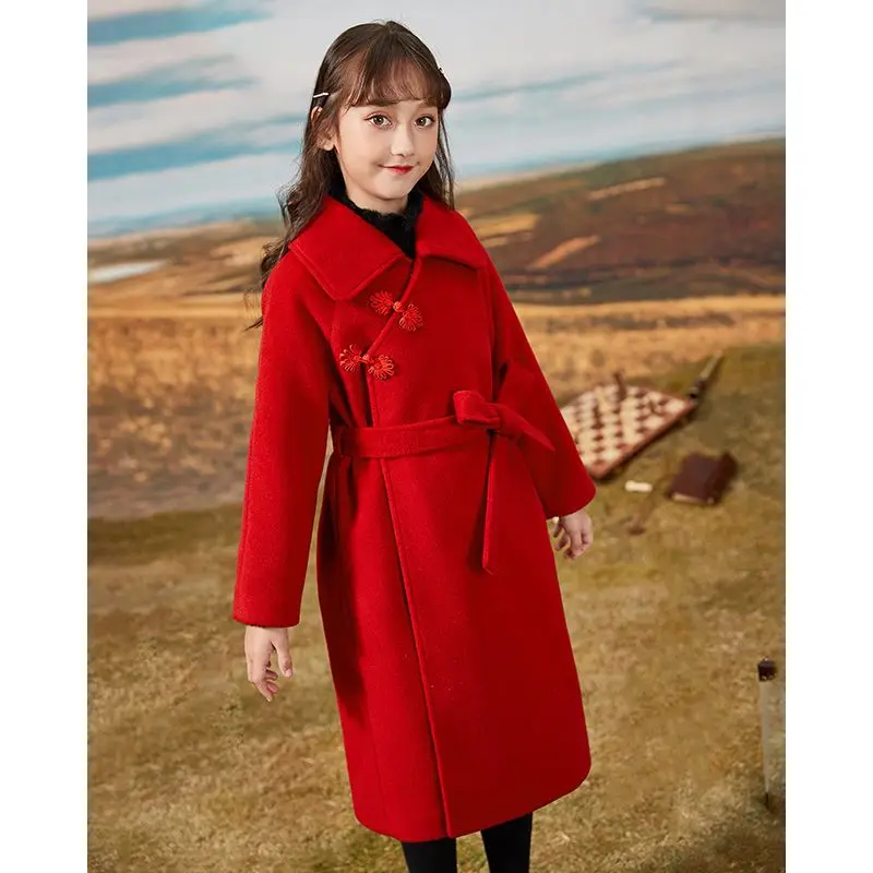 Chinoiserie style Girls woolen coat autumn winter red teen Girl Long Woolen Coat Tweed Overcoat Children Kids Jackets Clothes