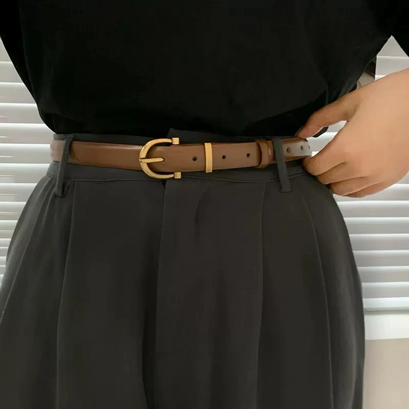 Ceinture en cuir véritable avec boucle ardillon pour femme, couleur unie, élégante, coréenne, décorative, été