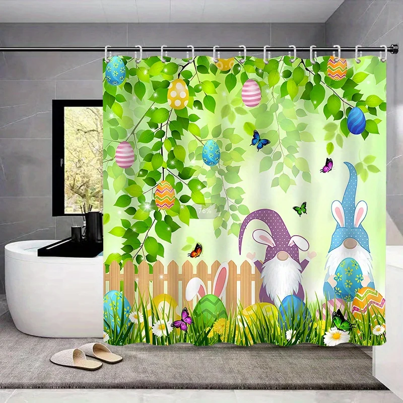 Bunny Egg Pattern Waterproof  Shower Curtain Set,Non-Slip Rug, Toilet U-Shape Mat, Bathroom Easter Decor, Bathroom Accessories