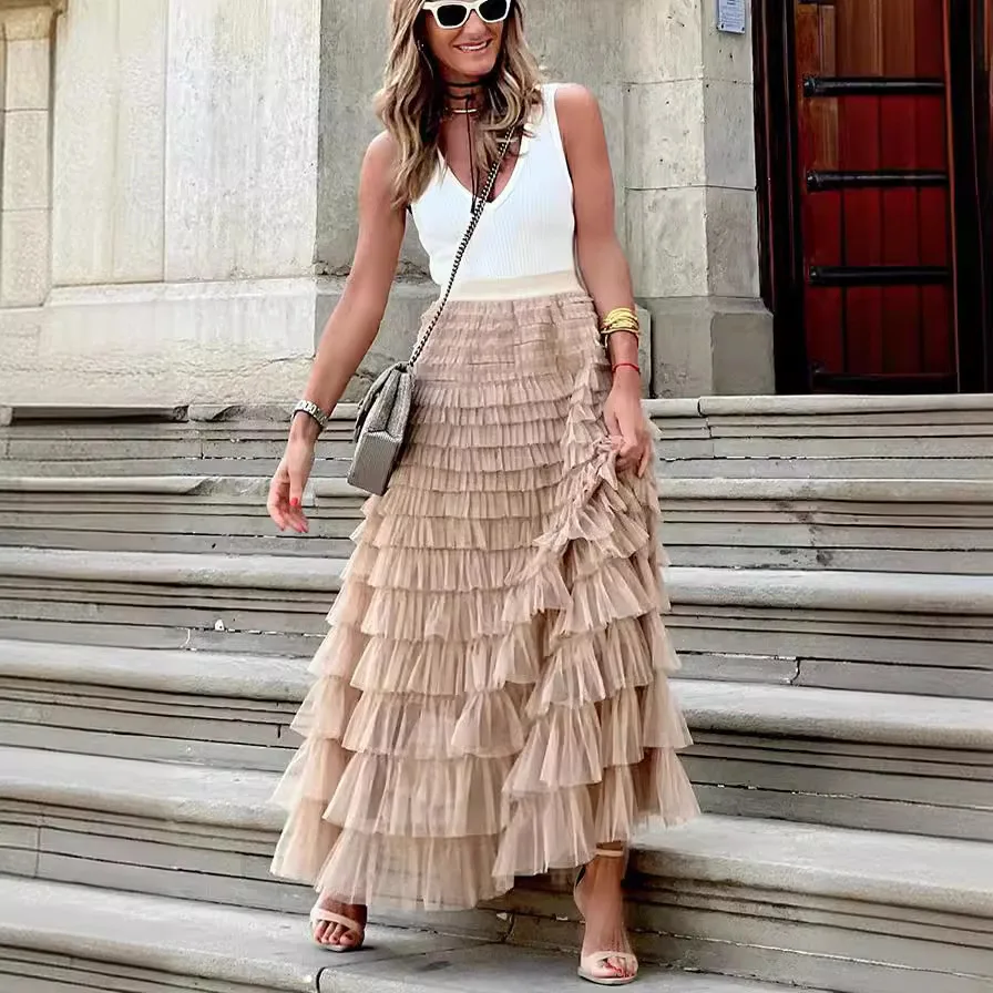 2025 Summer Women Skirt Elegant Solid Color High Waist Gauze Cake Skirt Ruffles Fluffy High Waist French Dress Streetwear Y2K