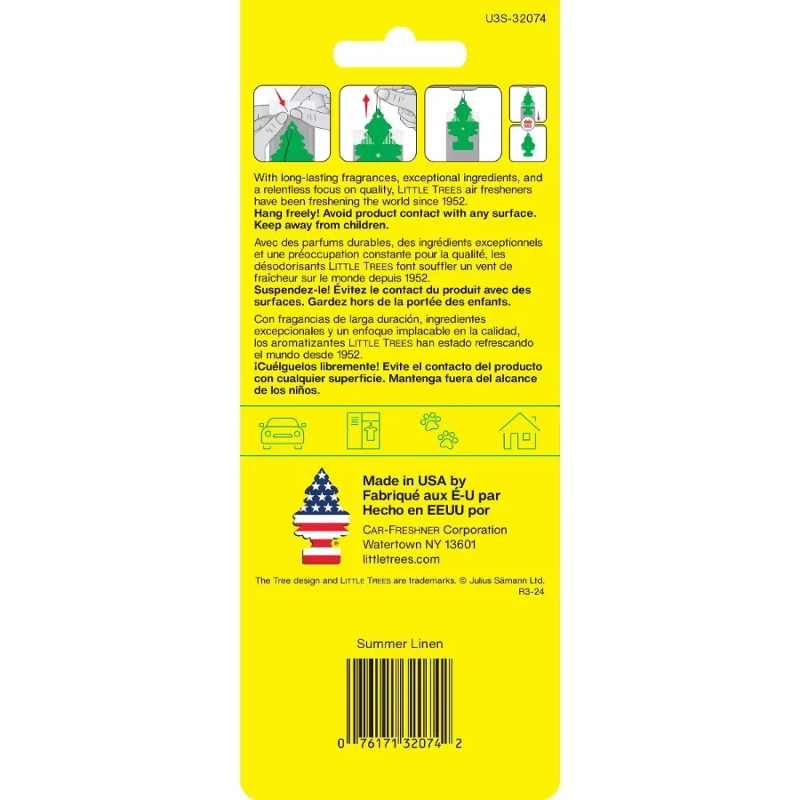 Summer Linen Air Freshener 3pk: Car Freshener Tree, Sky Blue, Disposable, Non-Powered, 8 Weeks Duration