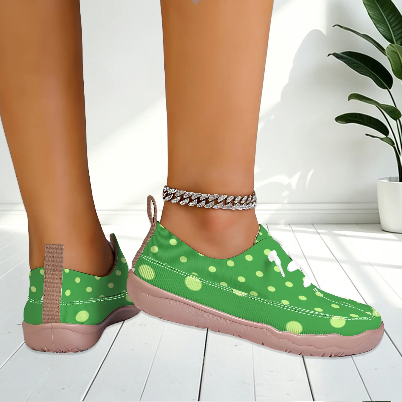 Women Polka Dot Print Lace Up Sneakers Wide Toe Light Breathable Shoes For Travel Commute Walking view 5