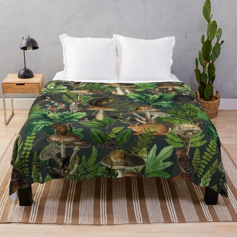 Woodland Fairytale- Mushrooms And Wild Animals In Forest - Vintage Botanical Night Garden Pattern Throw Blanket Heavy Blankets