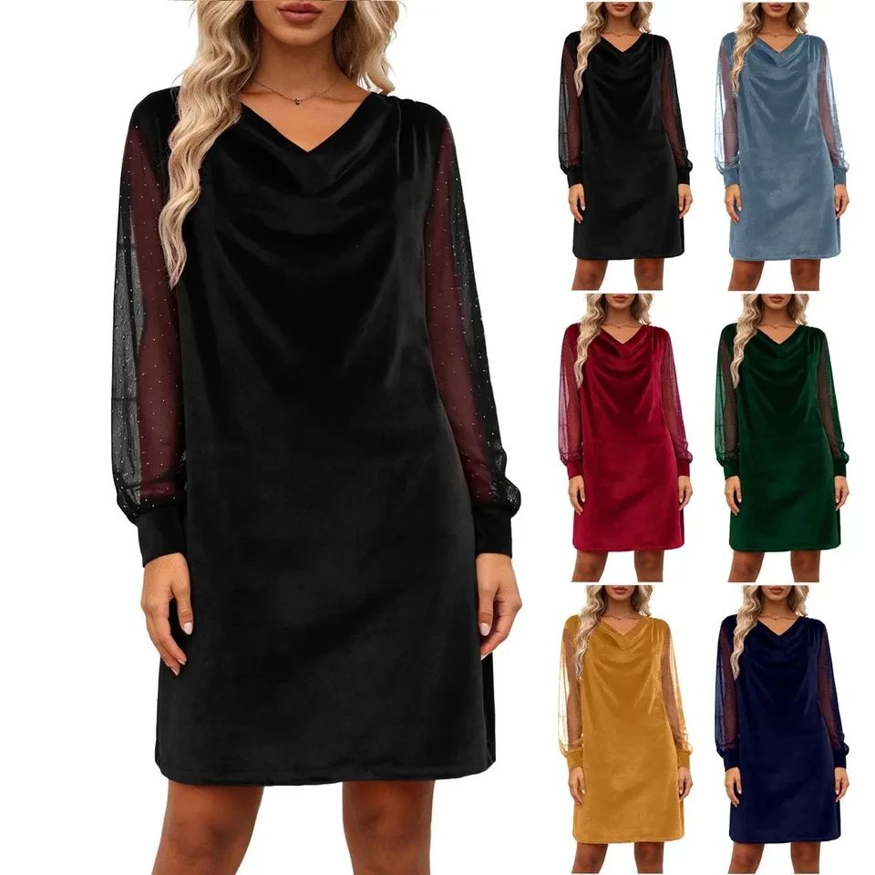 

Fashion Velvet Dress Women Spring Autumn Long Sleeve Dress With Rhinestone Mesh Elegant Temperament Party Dresses Vestidos
