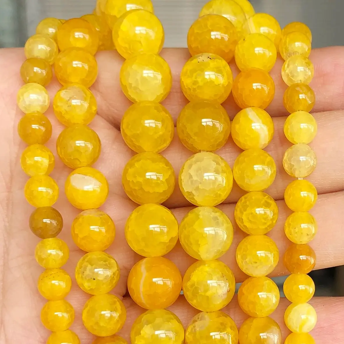 6/8/10mm Natural Yellow Snow Cracked Agate Stone Beads Round Popcorn Loose Spacer Bead For Jewelry Making Bracelet Necklace