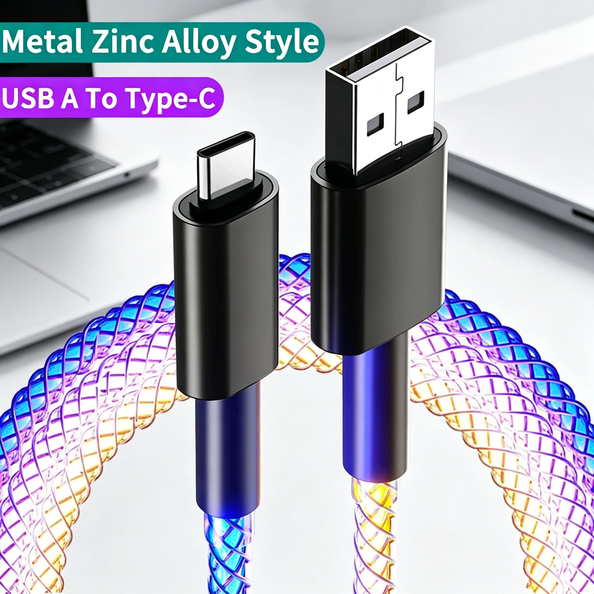 66W 6A RGB LED Glowing USB to Type C Cable Luminous Streamer Fast Charging Mobile Phone Data Sync Cord For Xiaomi Huawei Samsung