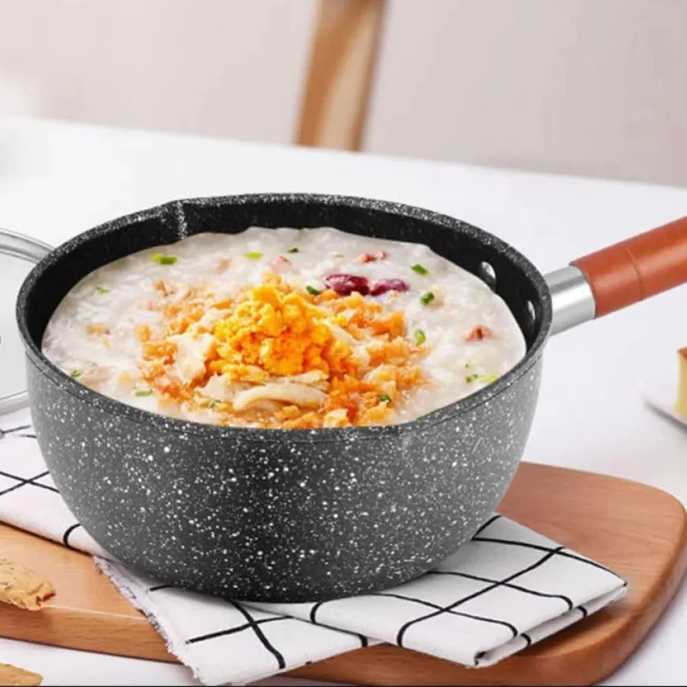 

Durable Non-Stick Milk Pot Wood Handle Universal Soup Pot with Lid and Pour Spout Flat Bottom Frying Pan Baby Food