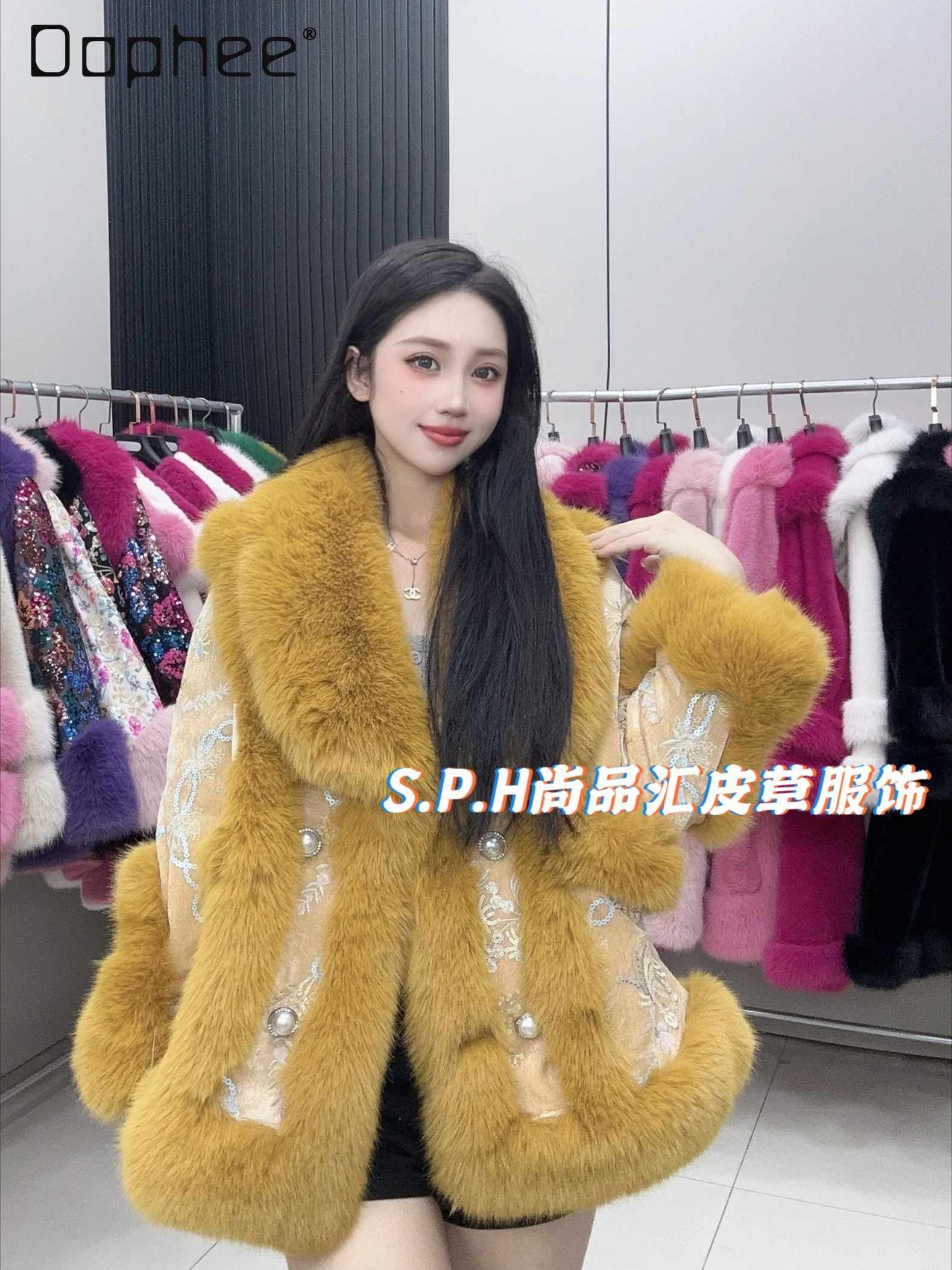 

Sweet Pink Jacket Goddess Style Fur Coats Fleece Winter Fashion Fluffy Splicing Heavy Industry Sequin Jacket Faux Fur Coat Women