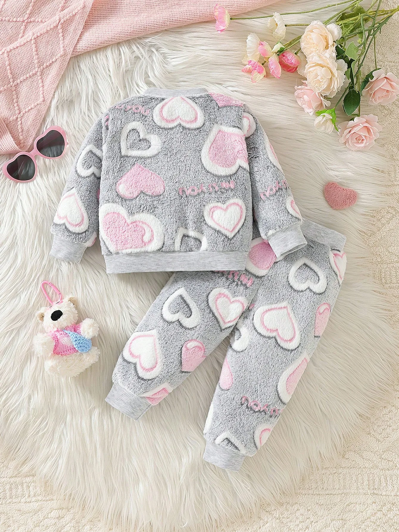 New Arrival Baby Girls' Crew Neck Long-Sleeve Casual Simple Jacquard Heart Fleece Top & Cute Knit Pants 2-Piece Set