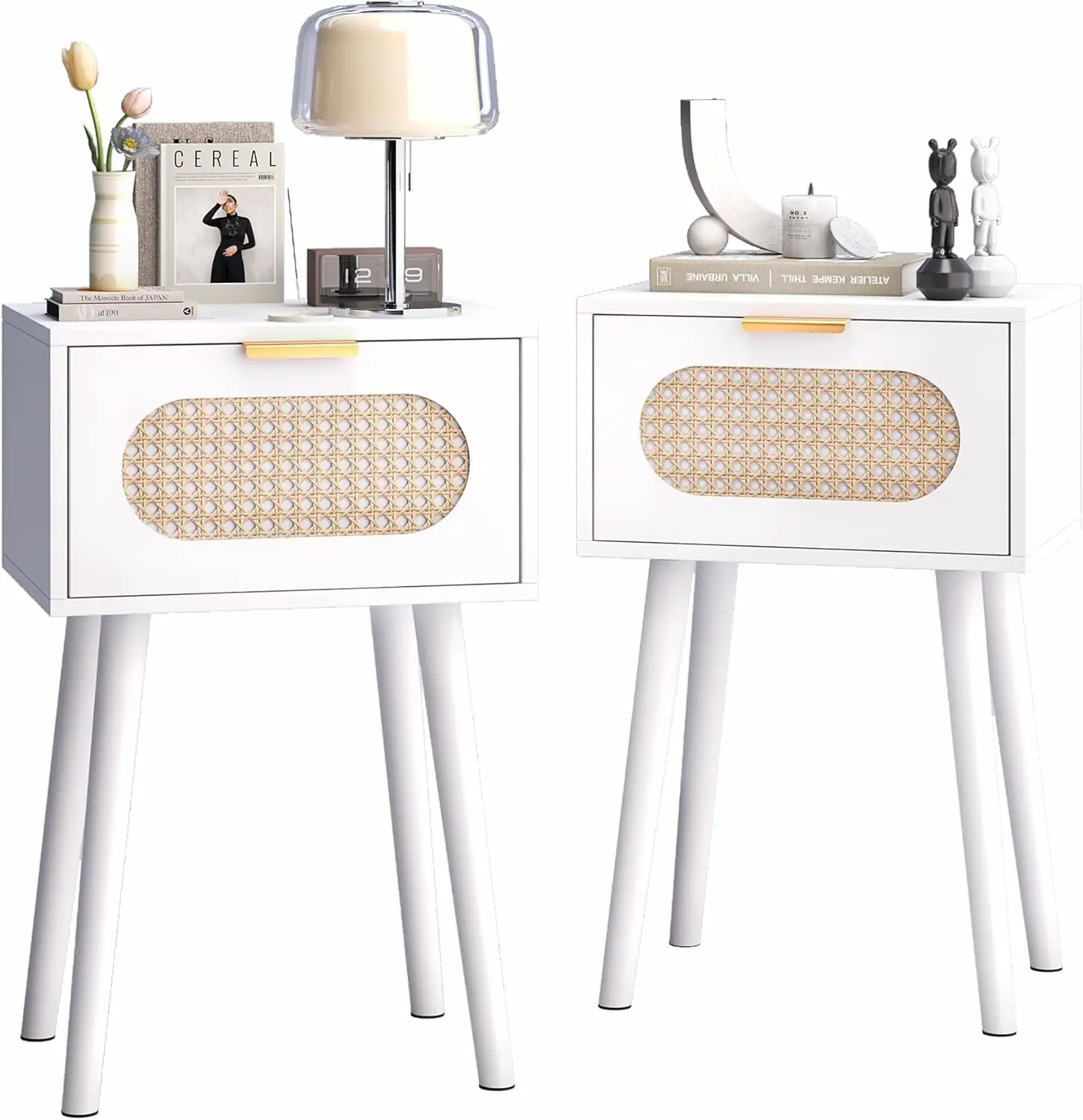 

Nightstands Set of 2, Bedside Table with Rattan Door, Boho End Table with Solid Wood Legs for Bedroom, Living Room, Small Spa