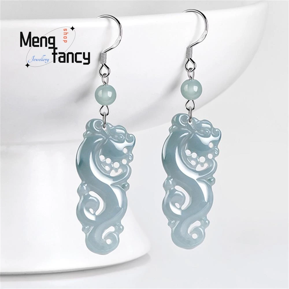 

S925 Silver Inlaid Natural A goods Jadeite Blue Water Retro Dragon Ice Jade Earrings Exquisite High-grade Luxury Quality Jewelry