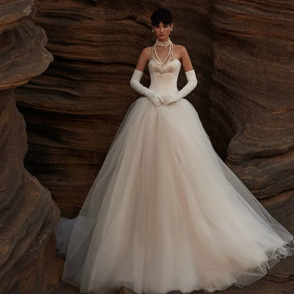 Vintage Unique Sweetheart Neckline Satin Tulle Bridal Grown A Line Wedding Dresses Sweep Train Custom Made 2026 Vestido De Noiva