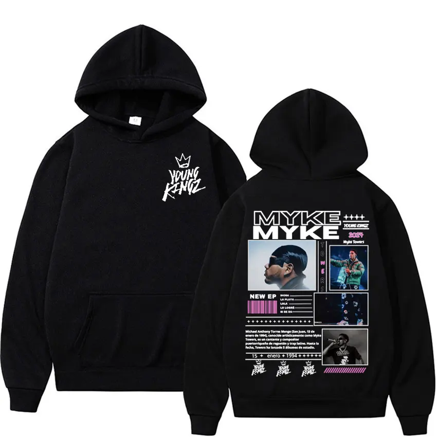 Rapper Myke Towers Young Kingz Album Merch Hoodies Men Women Fashion Vintage Hip Hop Sweatshirts Casual Cozy Oversized Pullovers