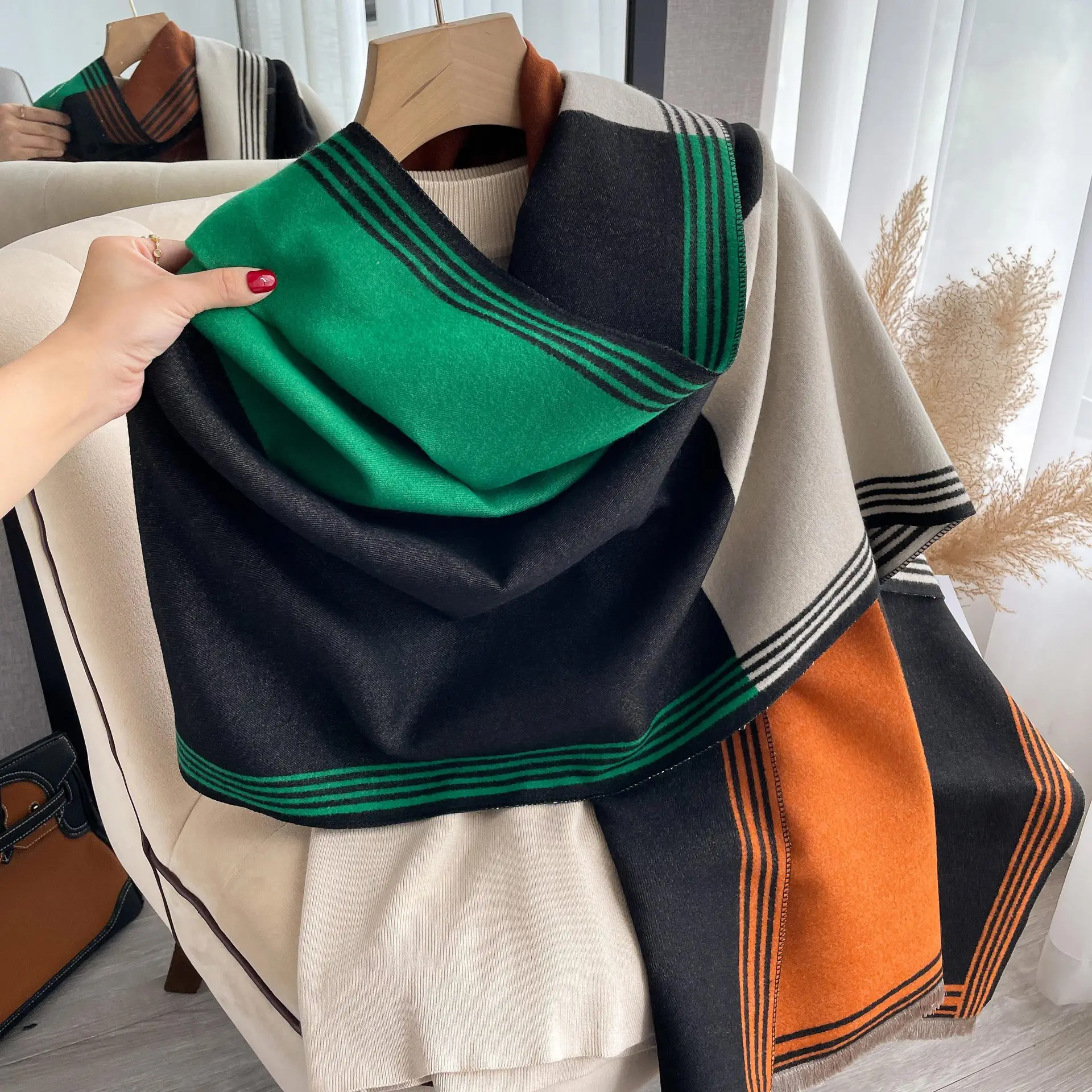 Color Block Faux Cashmere Scarf for Women, Thick Warm Shawl Dual-use Air Conditioning Wrap, Cold Resistant Neck Scarf Outer Cape