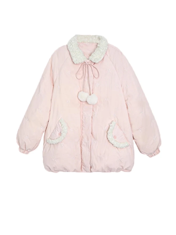 

Sweet Sle Lamb Fur Collar Cotton Jaet Women's Winter New Loose Warm Thiened Doll Collar Coat Regular Sve Long Sve