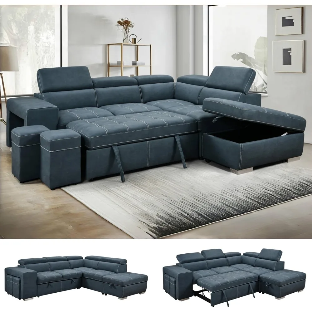 

Microfiber L Shaped Sectional Sofa Couch with Pull Out Bed and Storage Ottoman, Convertible Couches with Adjustable Headrest