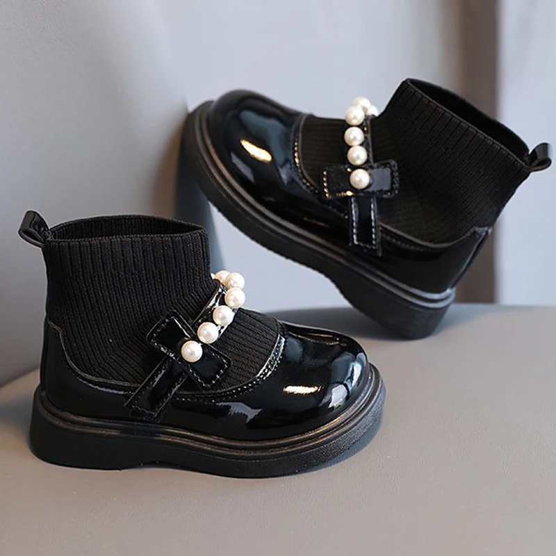 Fashion Pearl Knit Splicing Girls Ankle Boots Soft Bottom Kids Casual Shoes Princess Slip-on Children Boots Baby Sports Sneakers