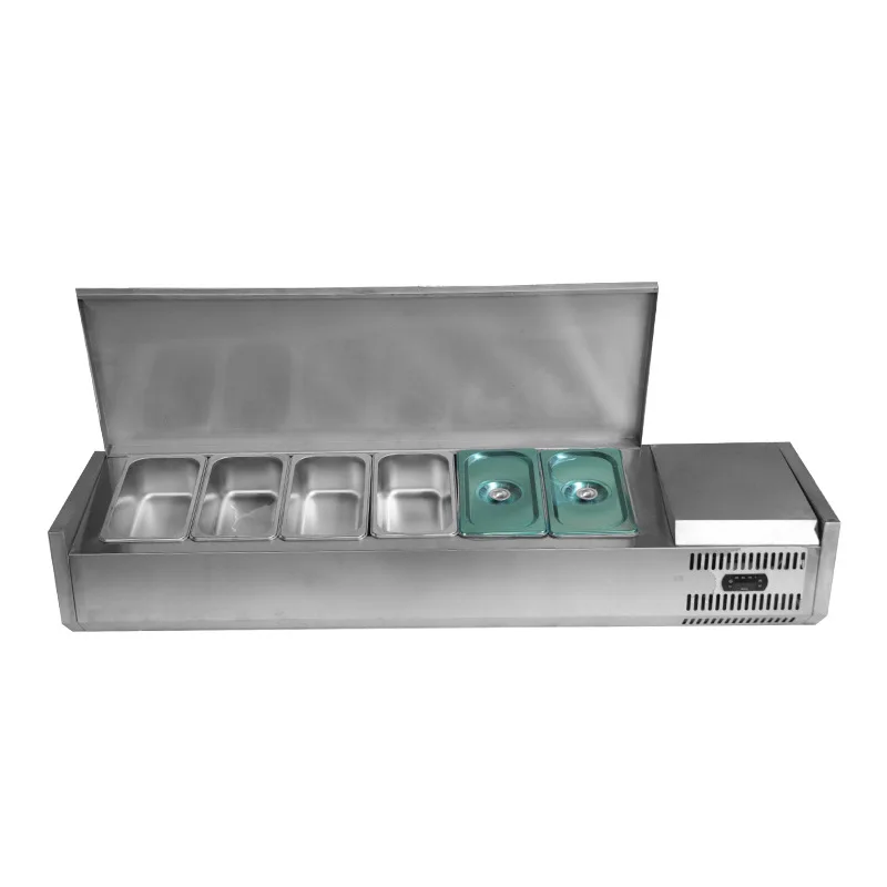 

Sprinkler, with glass, covered with refrigeration, pizza, desserts, salads