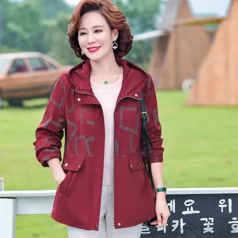 Middle-aged Mother Trench Coat Women's Spring Autumn Short Windbreaker Splicing 2022 New Tops Print Hooded Collar Elderly Jacket