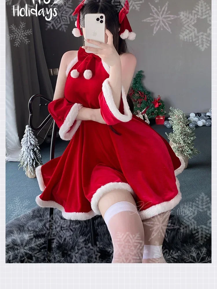 

Women Sexy Christmas Costume Halter Neck Red Mini Lolita Maid Dress Santa Claus Cosplay Fancy Lingerie Full Set